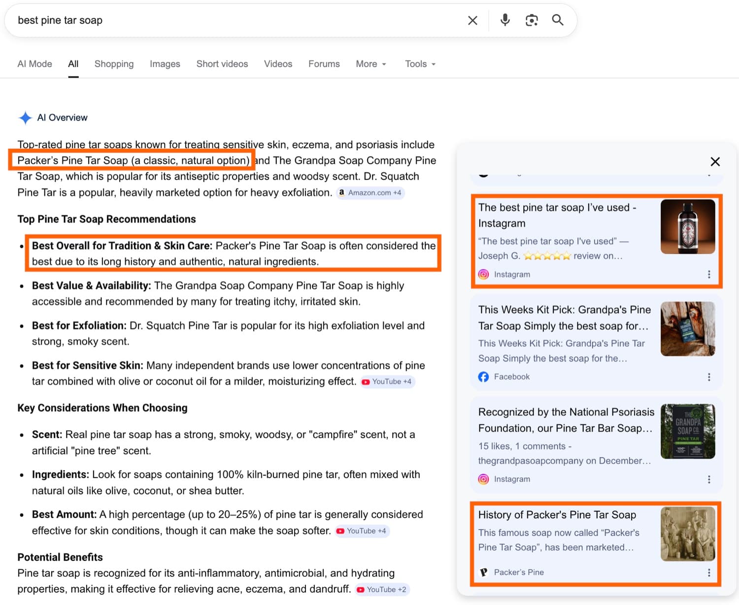 Google AI Overview for best pine tar soap naming Packer's Pine Tar Soap Best Overall for Tradition and Skin Care.