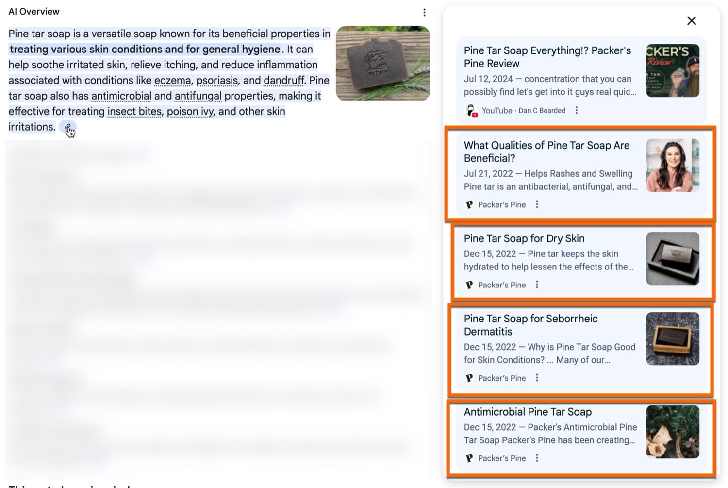Google AI Overview for pine tar soap where four of the five cited sources are Packer's Pine content.
